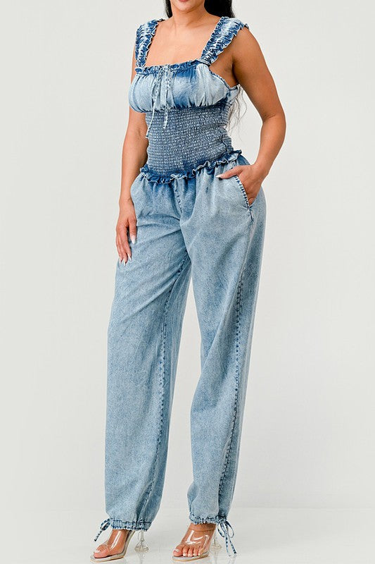 Denim Chambray Charm Ruffled Jumpsuit