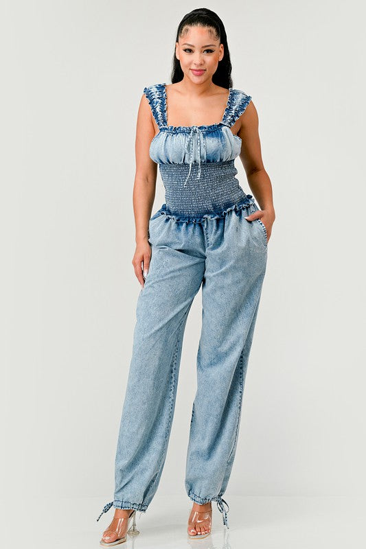 Denim Chambray Charm Ruffled Jumpsuit