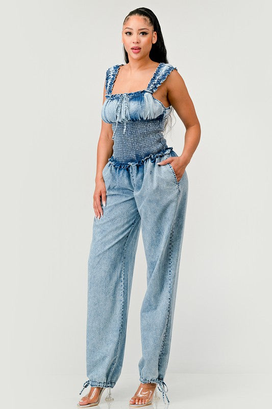 Denim Chambray Charm Ruffled Jumpsuit