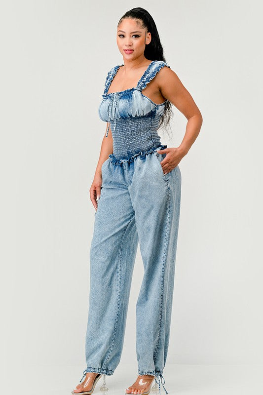 Denim Chambray Charm Ruffled Jumpsuit