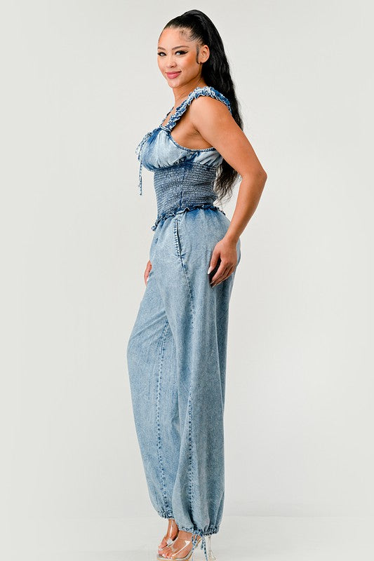 Denim Chambray Charm Ruffled Jumpsuit