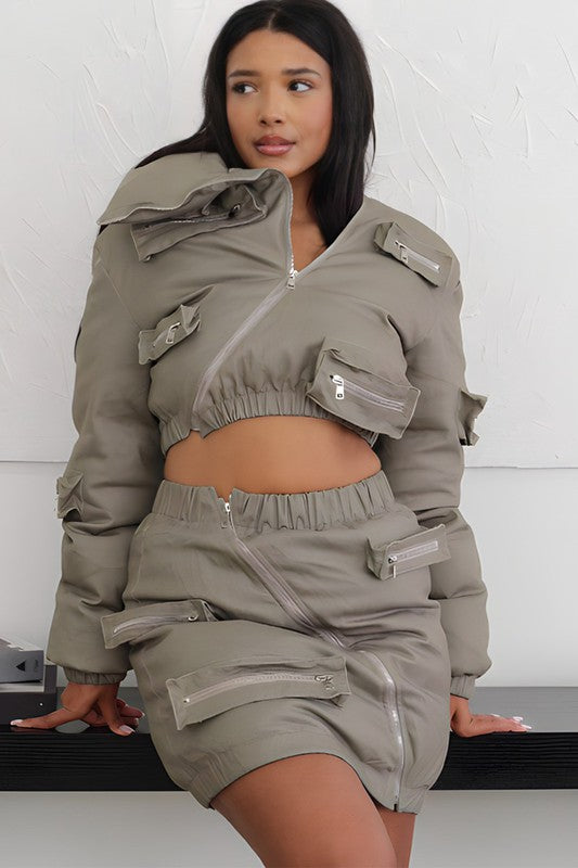 BAE GRAY PUFFER JACKET AND SKIRT SET