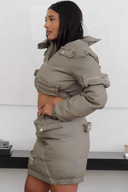 BAE GRAY PUFFER JACKET AND SKIRT SET