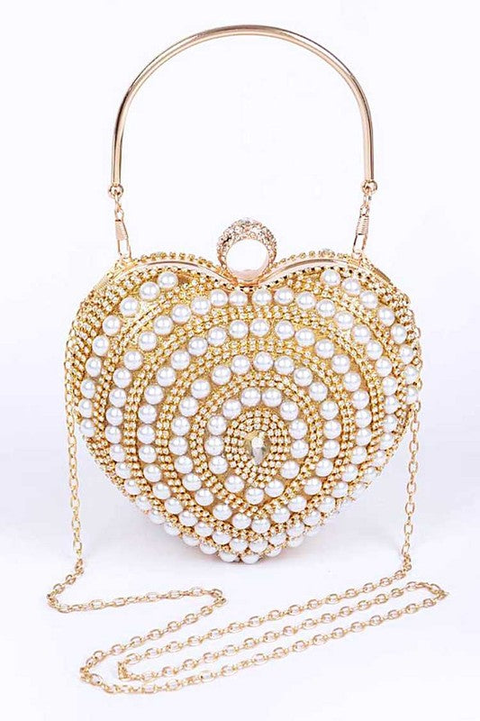 Ari Pearl Studded Heart Shape Top handle Clutch