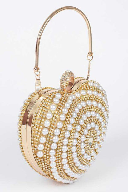 Ari Pearl Studded Heart Shape Top handle Clutch