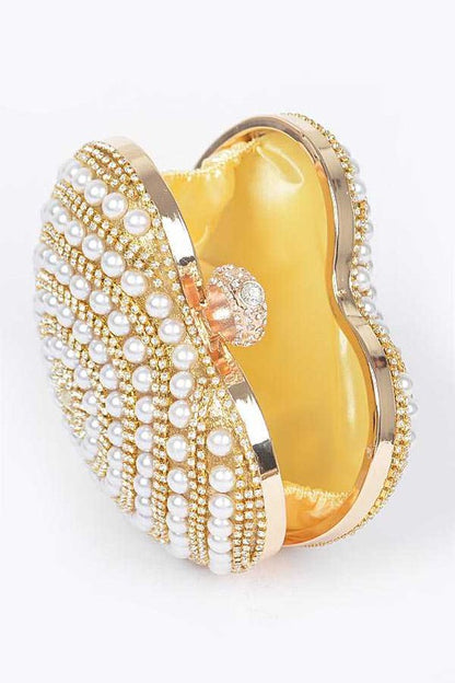 Ari Pearl Studded Heart Shape Top handle Clutch
