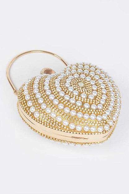 Ari Pearl Studded Heart Shape Top handle Clutch
