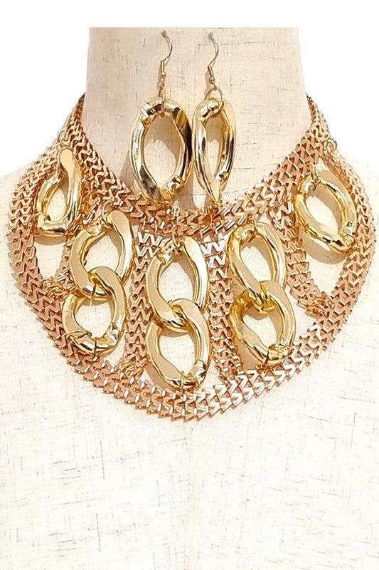 Mix Link Chain Mix Chain Link Statement BIb Necklace Set – EL4F