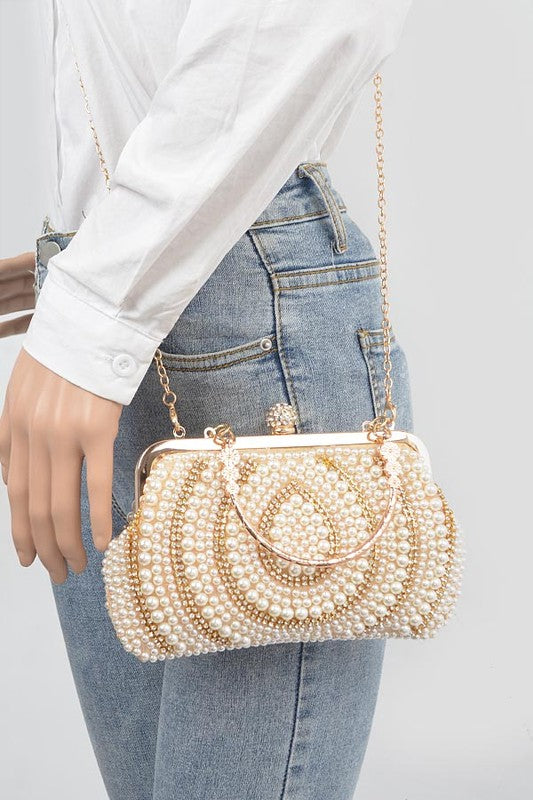 Beaded Pearl Rhinestone Top Handle Clutch Bag