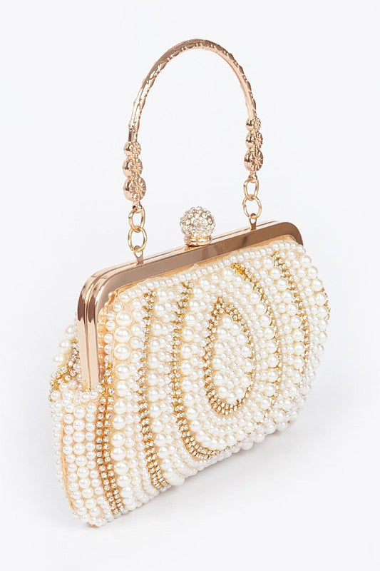 Beaded Pearl Rhinestone Top Handle Clutch Bag