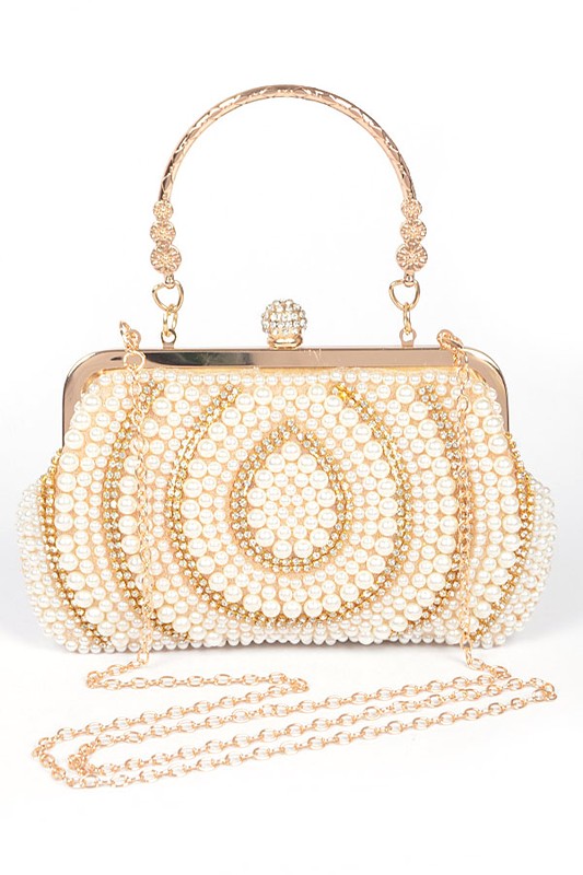 Beaded Pearl Rhinestone Top Handle Clutch Bag