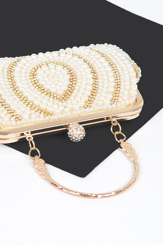 Beaded Pearl Rhinestone Top Handle Clutch Bag