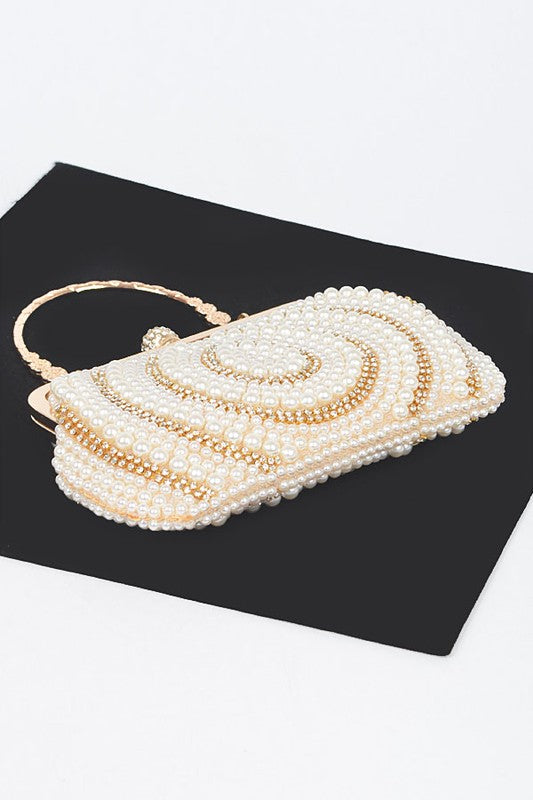 Beaded Pearl Rhinestone Top Handle Clutch Bag