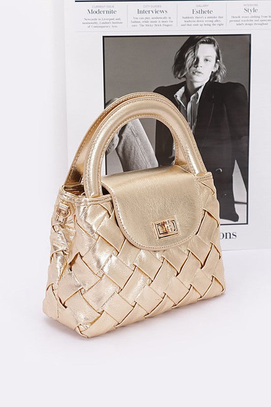 Metallic Weave Faux Leather Top Handle Swing Bag