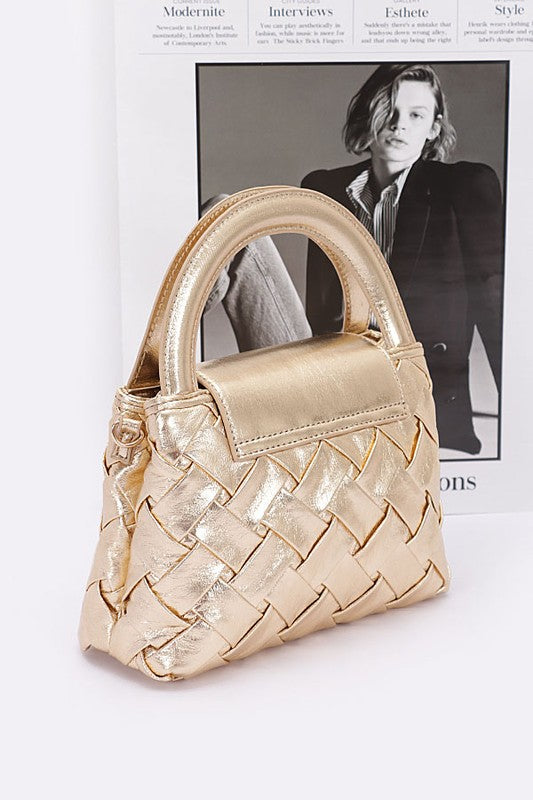 Metallic Weave Faux Leather Top Handle Swing Bag