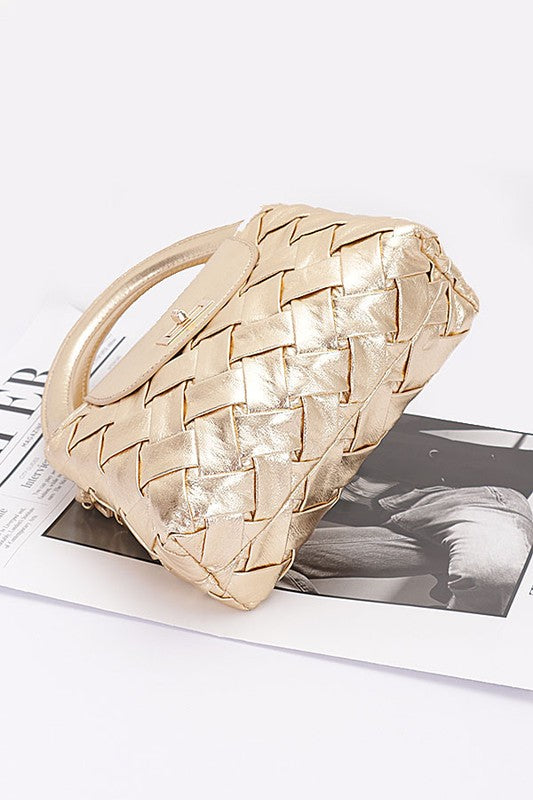 Metallic Weave Faux Leather Top Handle Swing Bag