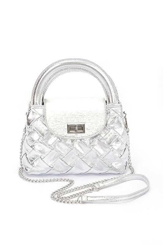 Metallic Weave Faux Leather Top Handle Swing Bag