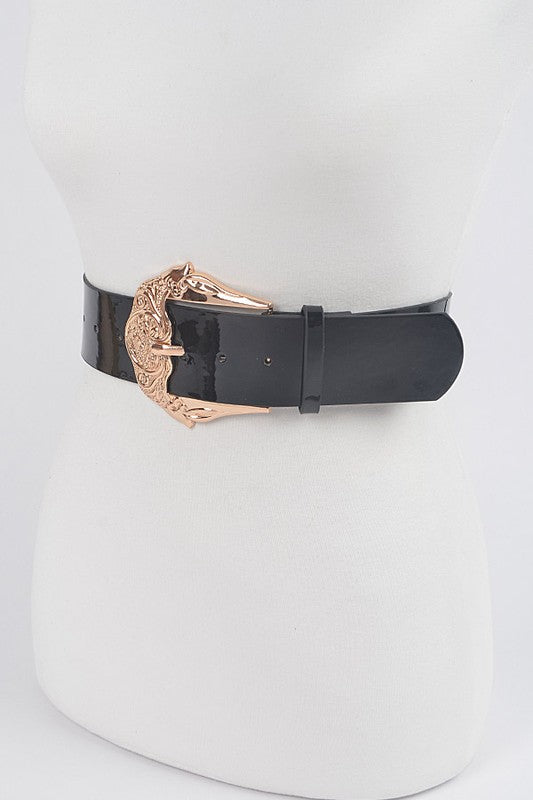 Motif Embossed Buckle Patent Faux Leather Belt