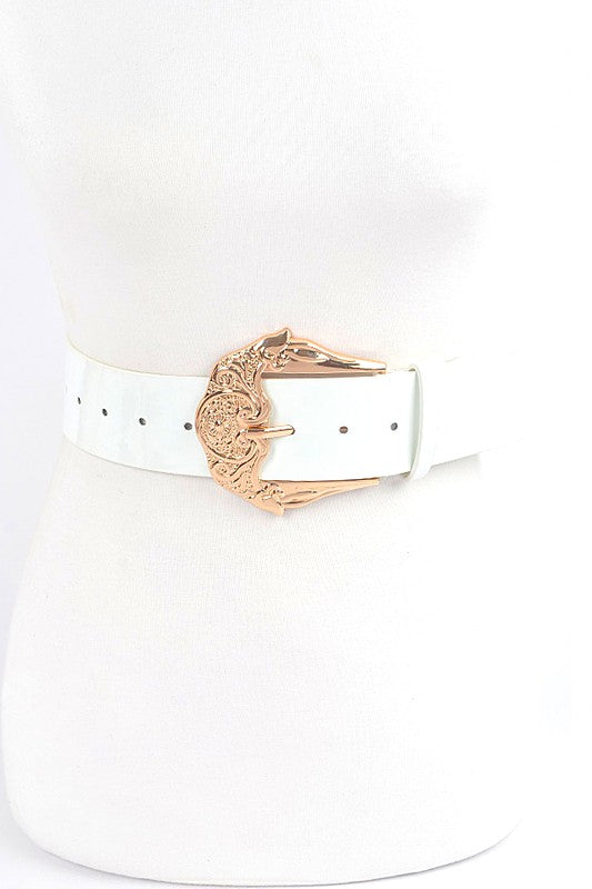 Motif Embossed Buckle Patent Faux Leather Belt