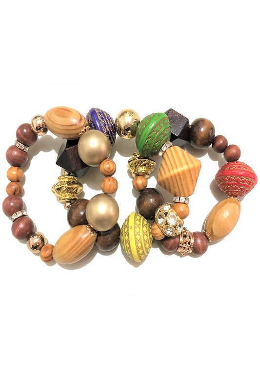 Mix Wooden Beads Stretch Bracelet Set