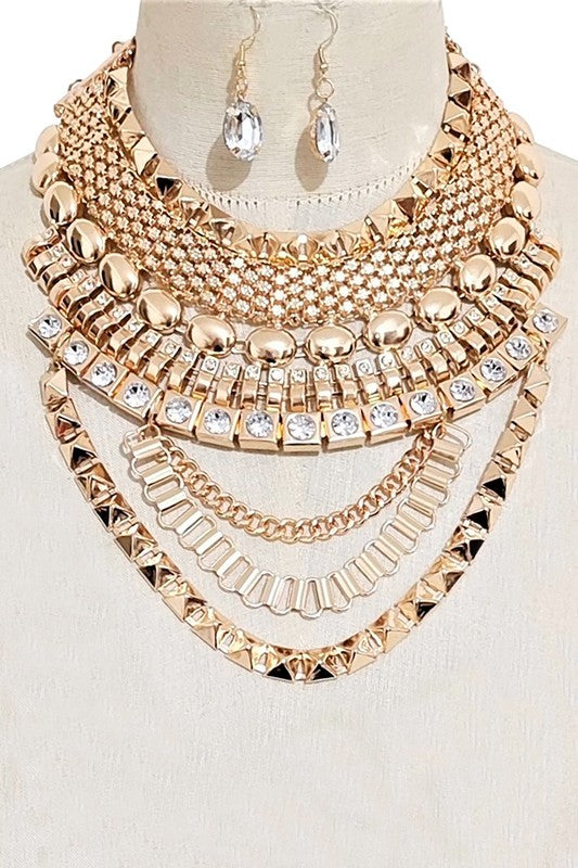 Gold Mix Chain Statement Bib Necklace Set