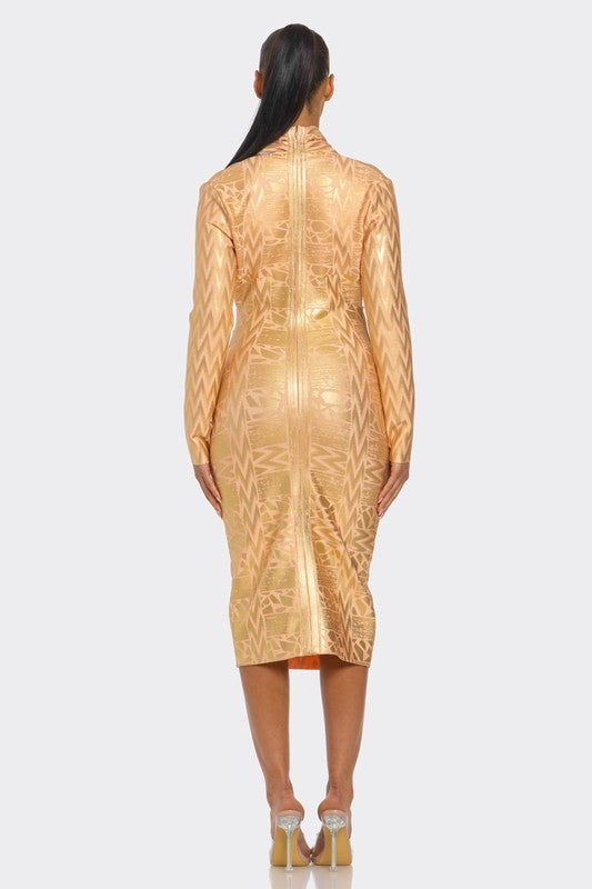 Gold Metallic Zigzag Holiday Bandage dress