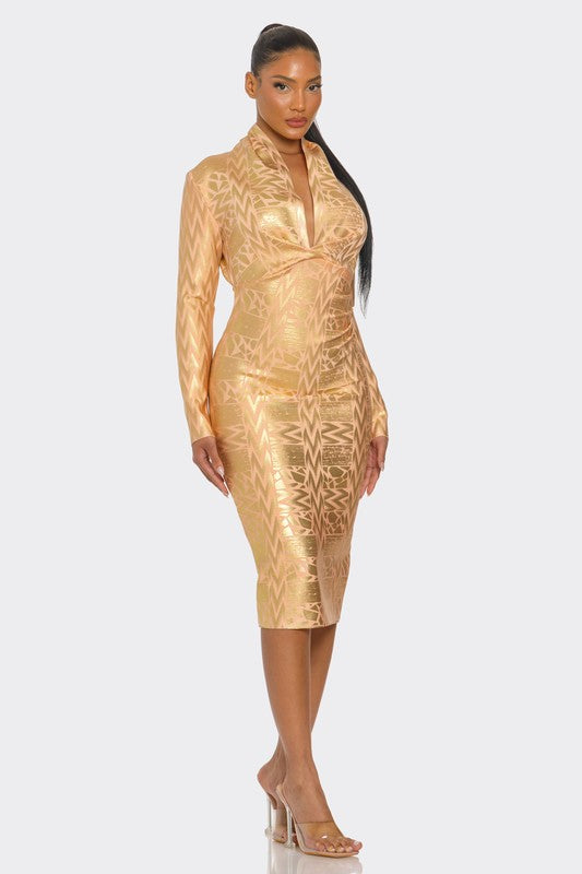 Gold Metallic Zigzag Holiday Bandage dress