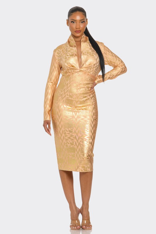 Gold Metallic Zigzag Holiday Bandage dress