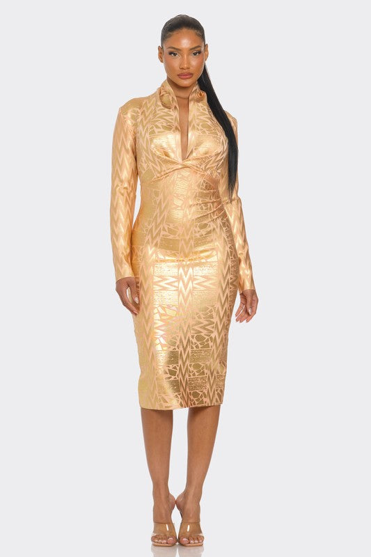 Gold Metallic Zigzag Holiday Bandage dress