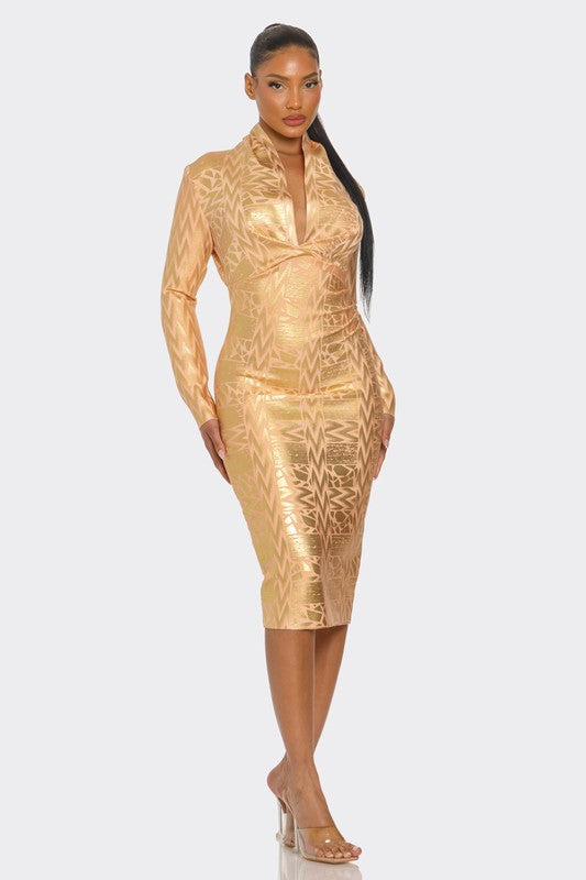 Gold Metallic Zigzag Holiday Bandage dress