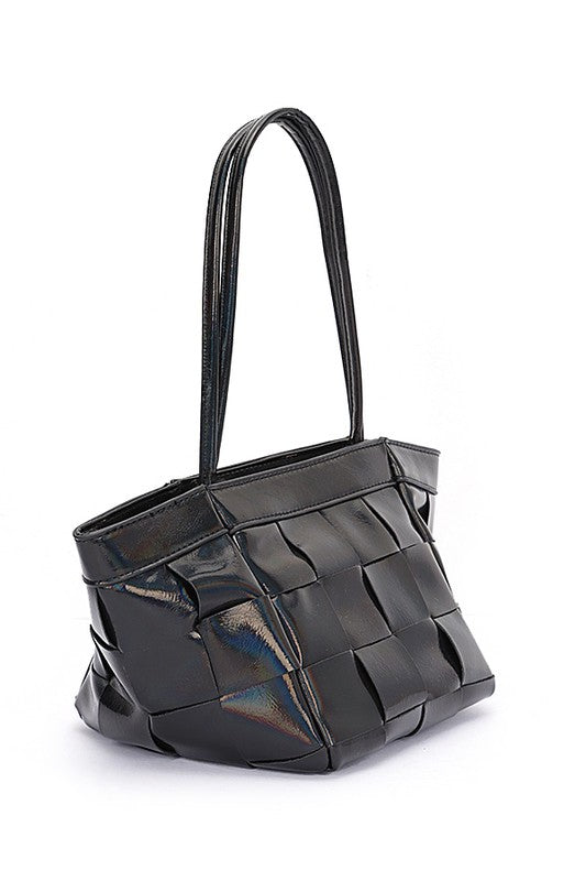 Metallic Faux Leather Weaved Small Tote Bag