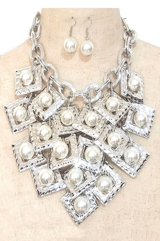 Layered Flat Square Link Fringe Pearl Necklace Set