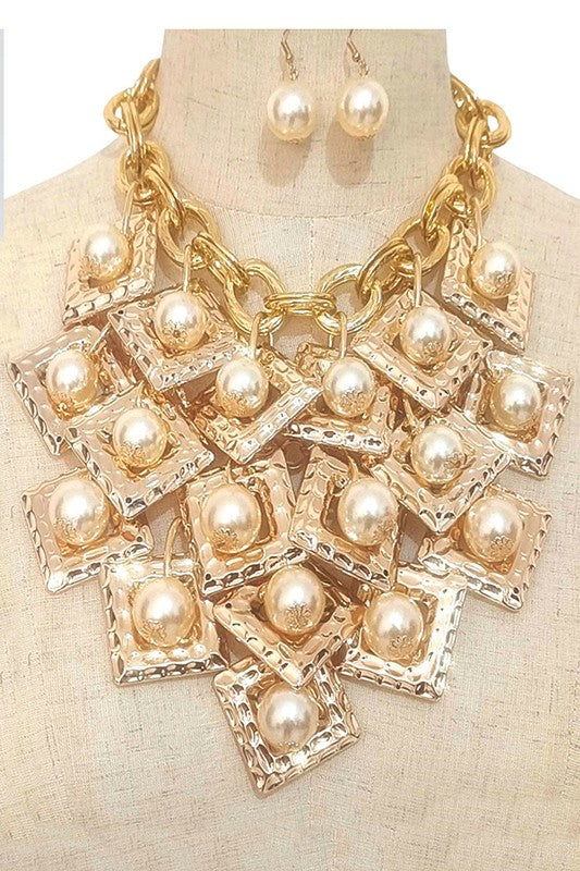 Layered Flat Square Link Fringe Pearl Necklace Set