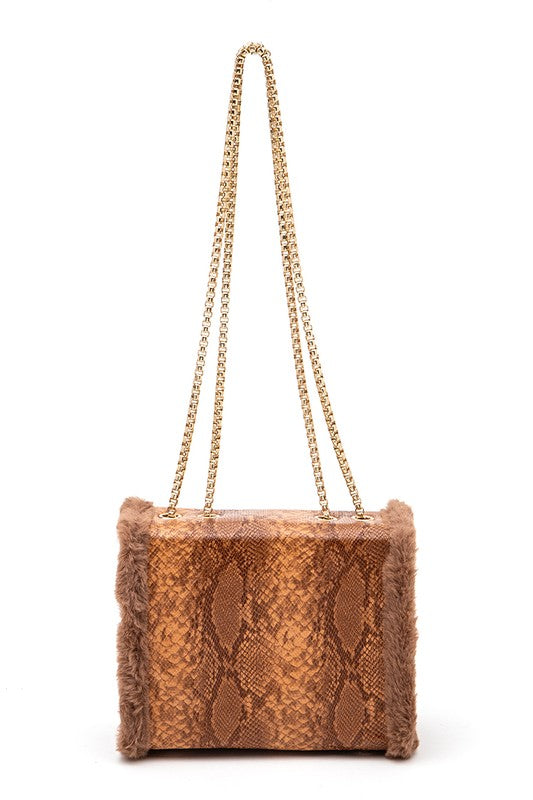 Faux Shearling Snake Print Shoulder Bag