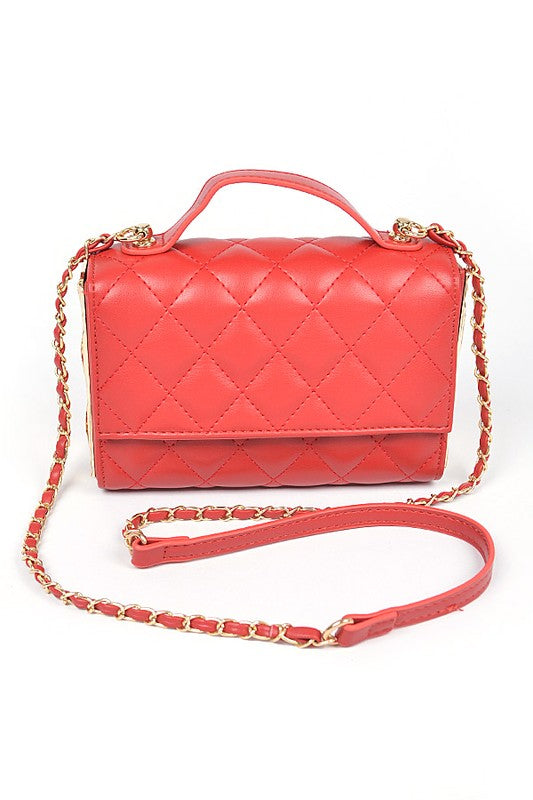 Gold Trim Quilted Top Handle Crossbody Bag