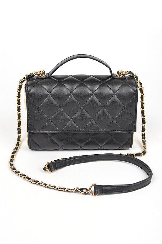 Gold Trim Quilted Top Handle Crossbody Bag