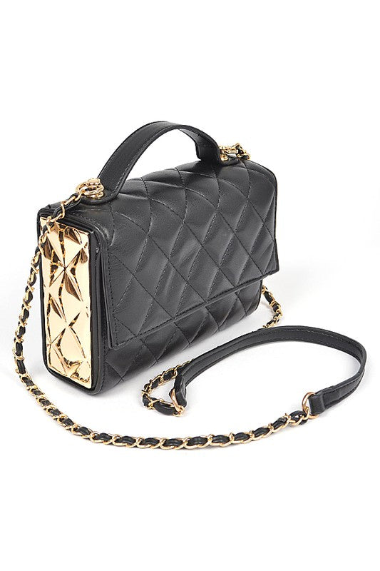 Gold Trim Quilted Top Handle Crossbody Bag