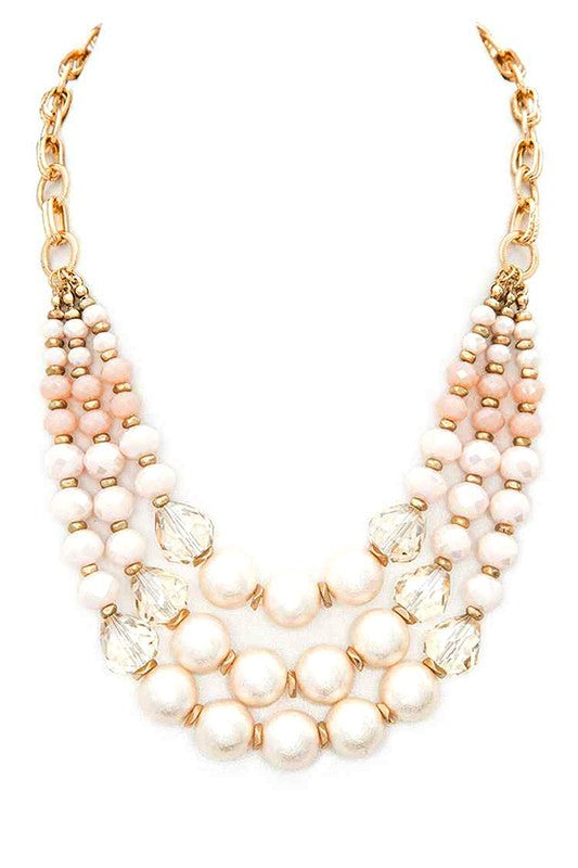 Crystal Pearl Station Layer Statement Necklace