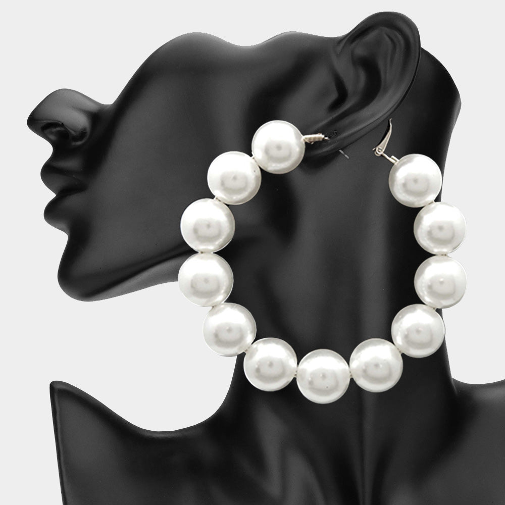 2 Oversized Pearl Hoop Earrings Statement Earrings