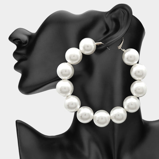 2 Oversized Pearl Hoop Earrings Statement Earrings