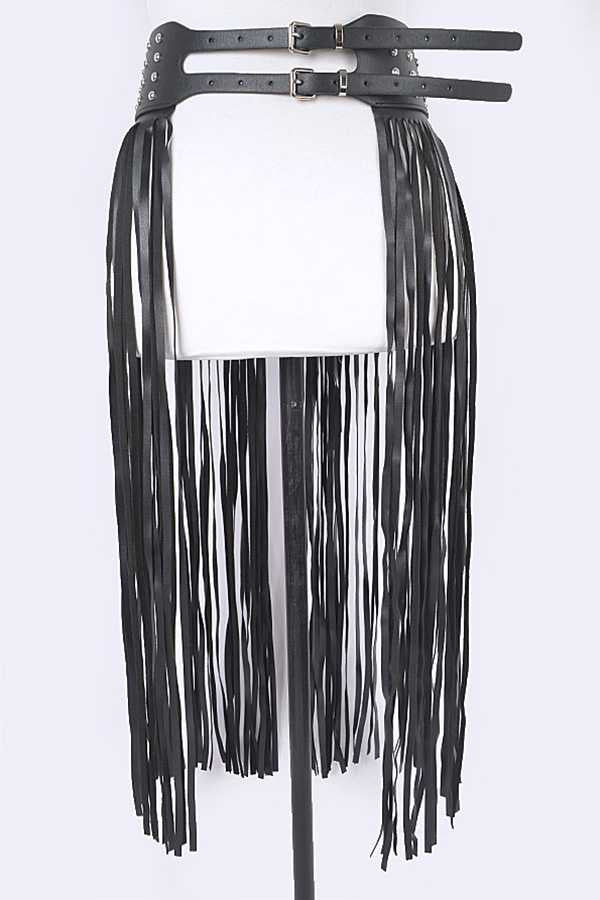 1 Long Vegan Leather Fringe Skirt Belt