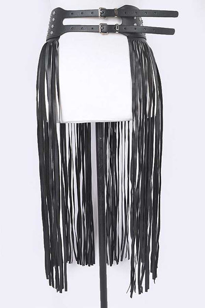 1 Long Vegan Leather Fringe Skirt Belt