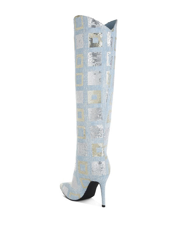 Sharmin Checkered Sequin Knee High Boots