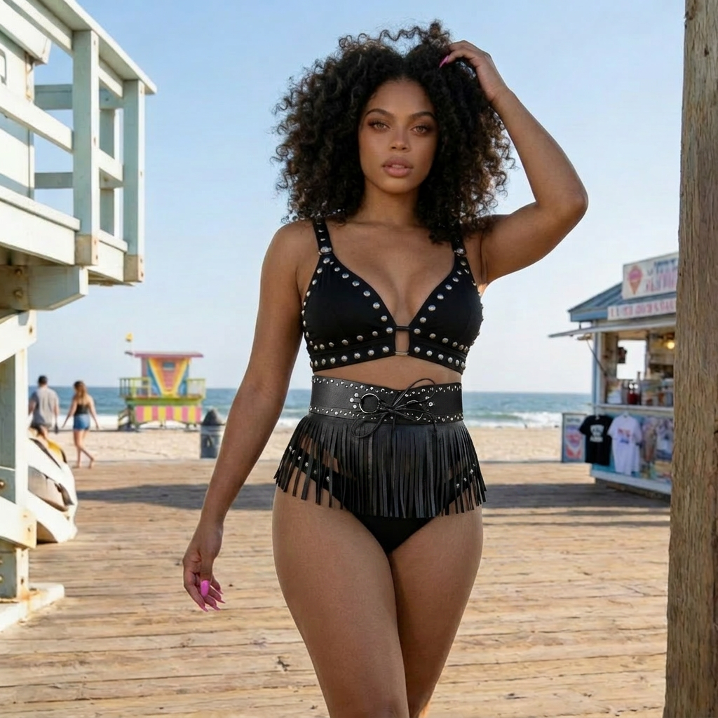 1 Black Short Vegan Leather Fringe Skirt Belt
