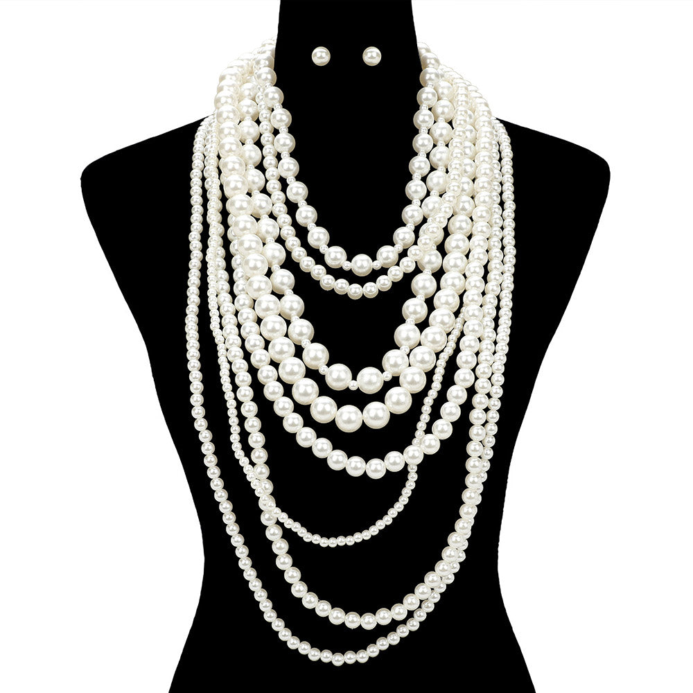 2 Dramatic Chunky Pearl Multi-Layered Statement Necklace