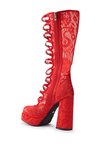 AZALEA WANG Cherry Red Lace Knee-High Platform Boots