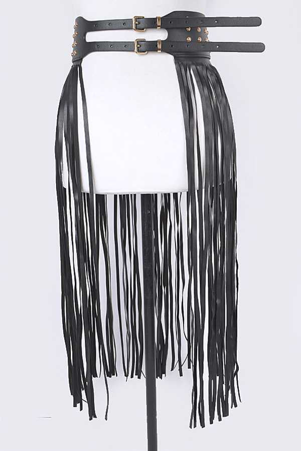 1 Long Vegan Leather Fringe Skirt Belt