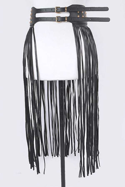 1 Long Vegan Leather Fringe Skirt Belt