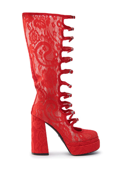 AZALEA WANG Cherry Red Lace Knee-High Platform Boots