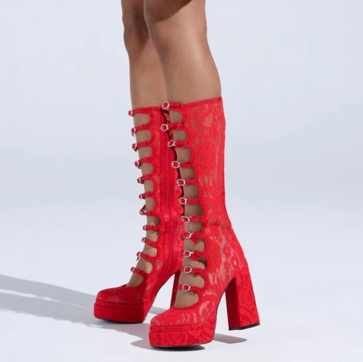 AZALEA WANG Cherry Red Lace Knee-High Platform Boots